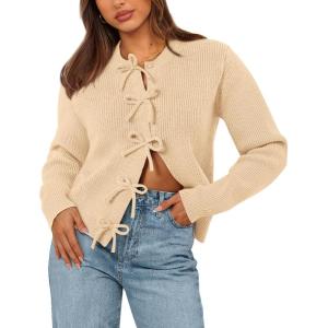 BTFBM Bow Cardigan Sweaters for Women Trendy 2025 Fall Winter Open Front Long Sleeve Button Down Cropped Lady Jacket(Beige)