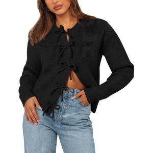 BTFBM Bow Cardigan Sweaters for Women Trendy 2025 Fall Winter Open Front Long Sleeve Button Down Cropped Lady Jacket(Black)