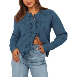 BTFBM Bow Cardigan Sweaters for Women Trendy 2025 Fall Winter Open Front Long Sleeve Button Down Cropped Lady Jacket(Blue)