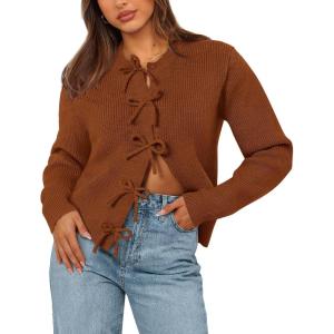 BTFBM Bow Cardigan Sweaters for Women Trendy 2025 Fall Winter Open Front Long Sleeve Button Down Cropped Lady Jacket(Caramel)