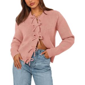 BTFBM Bow Cardigan Sweaters for Women Trendy 2025 Fall Winter Open Front Long Sleeve Button Down Cropped Lady Jacket(Pink)