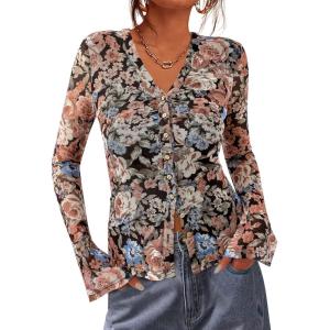 BTFBM Button Down Shirts for Women 2026 Spring Boho Tops V Neck Long Sleeve Blouses Ruched Mesh Fitted Fall Fashion(Floral Black Orange)