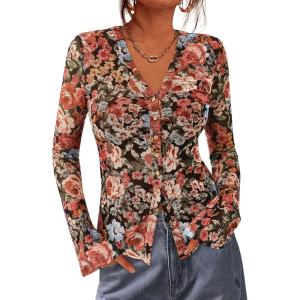BTFBM Button Down Shirts for Women 2026 Spring Boho Tops V Neck Long Sleeve Blouses Ruched Mesh Fitted Fall Fashion(Floral Black Red)