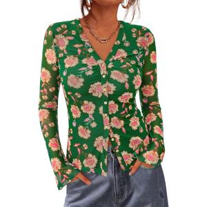 BTFBM Button Down Shirts for Women 2026 Spring Boho Tops V Neck Long Sleeve Blouses Ruched Mesh Fitted Fall Fashion(Green)