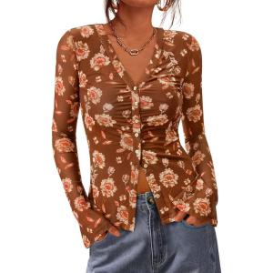 BTFBM Button Down Shirts for Women 2026 Spring Boho Tops V Neck Long Sleeve Blouses Ruched Mesh Fitted Fall Fashion(Khaki)