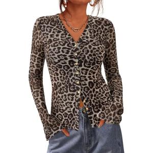 BTFBM Button Down Shirts for Women 2026 Spring Boho Tops V Neck Long Sleeve Blouses Ruched Mesh Fitted Fall Fashion(Leopard)