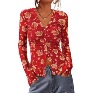 BTFBM Button Down Shirts for Women 2026 Spring Boho Tops V Neck Long Sleeve Blouses Ruched Mesh Fitted Fall Fashion(Red)