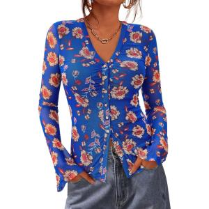 BTFBM Button Down Shirts for Women 2026 Spring Boho Tops V Neck Long Sleeve Blouses Ruched Mesh Fitted Fall Fashion(Royal Blue)