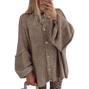 BTFBM Cardigan Sweaters for Women 2025 Fall Clothes Lantern Long Sleeve Button Open Front Chunky Knit Oversized Sweater(Camel)