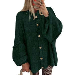 BTFBM Cardigan Sweaters for Women 2025 Fall Clothes Lantern Long Sleeve Button Open Front Chunky Knit Oversized Sweater(Dark Green)