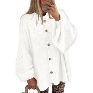 BTFBM Cardigan Sweaters for Women 2025 Fall Clothes Lantern Long Sleeve Button Open Front Chunky Knit Oversized Sweater(White)