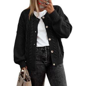 BTFBM Chunky Cardigan Sweaters for Women Fall Fashion 2025 Button Long Sleeve Loose Cable Knit Winter Coats Outerwear(Black)