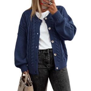 BTFBM Chunky Cardigan Sweaters for Women Fall Fashion 2025 Button Long Sleeve Loose Cable Knit Winter Coats Outerwear(Dark Blue)