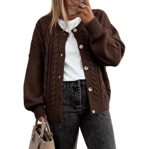 BTFBM Chunky Cardigan Sweaters for Women Fall Fashion 2025 Button Long Sleeve Loose Cable Knit Winter Coats Outerwear(Dark Brown)