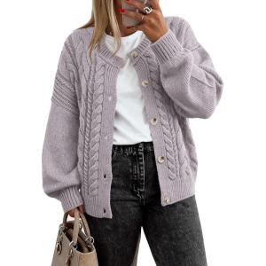 BTFBM Chunky Cardigan Sweaters for Women Fall Fashion 2025 Button Long Sleeve Loose Cable Knit Winter Coats Outerwear(Grey Purple)