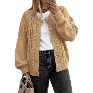 BTFBM Chunky Cardigan Sweaters for Women Fall Fashion 2025 Button Long Sleeve Loose Cable Knit Winter Coats Outerwear(Khaki)