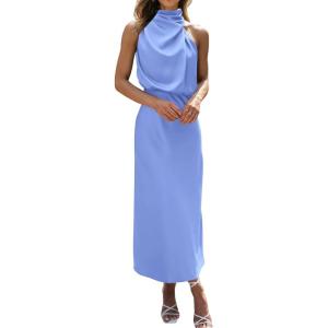 BTFBM Cocktail Dresses for Women Sleeveless Mock Neck Keyhole High Waist Maxi Wedding Guest Dress Spring Clothes 2026(Blue)
