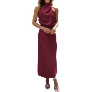BTFBM Cocktail Dresses for Women Sleeveless Mock Neck Keyhole High Waist Maxi Wedding Guest Dress Spring Clothes 2026(Burgundy)