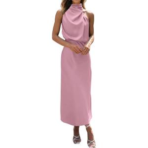 BTFBM Cocktail Dresses for Women Sleeveless Mock Neck Keyhole High Waist Maxi Wedding Guest Dress Spring Clothes 2026(Dusty Pink)