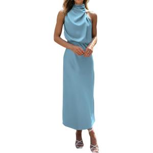 BTFBM Cocktail Dresses for Women Sleeveless Mock Neck Keyhole High Waist Maxi Wedding Guest Dress Spring Clothes 2026(Light Blue)