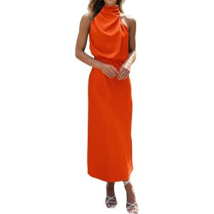 BTFBM Cocktail Dresses for Women Sleeveless Mock Neck Keyhole High Waist Maxi Wedding Guest Dress Spring Clothes 2026(Orange)