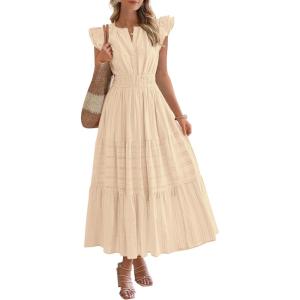 BTFBM Dresses for Women Spring 2026 Maxi Casual Dress Flutter Short Sleeve V Neck Elastic Waist Boho Beach Vacation Pockets(Apricot)