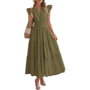 BTFBM Dresses for Women Spring 2026 Maxi Casual Dress Flutter Short Sleeve V Neck Elastic Waist Boho Beach Vacation Pockets(Army Green)