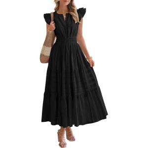 BTFBM Dresses for Women Spring 2026 Maxi Casual Dress Flutter Short Sleeve V Neck Elastic Waist Boho Beach Vacation Pockets(Black)