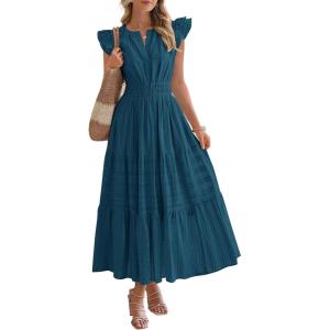 BTFBM Dresses for Women Spring 2026 Maxi Casual Dress Flutter Short Sleeve V Neck Elastic Waist Boho Beach Vacation Pockets(Lake Blue)