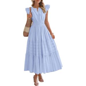 BTFBM Dresses for Women Spring 2026 Maxi Casual Dress Flutter Short Sleeve V Neck Elastic Waist Boho Beach Vacation Pockets(Light Blue)