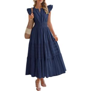 BTFBM Dresses for Women Spring 2026 Maxi Casual Dress Flutter Short Sleeve V Neck Elastic Waist Boho Beach Vacation Pockets(Navy Blue)
