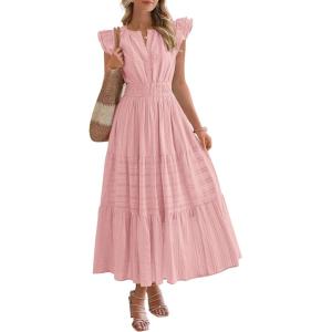 BTFBM Dresses for Women Spring 2026 Maxi Casual Dress Flutter Short Sleeve V Neck Elastic Waist Boho Beach Vacation Pockets(Pink)