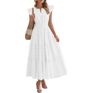 BTFBM Dresses for Women Spring 2026 Maxi Casual Dress Flutter Short Sleeve V Neck Elastic Waist Boho Beach Vacation Pockets(White)