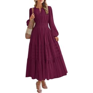 BTFBM Fall Dresses for Women 2025 Casual Long Sleeve V Neck Elastic Waist Lightweight Maxi Wedding Guest Dress Pockets(Burgundy)