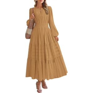 BTFBM Fall Dresses for Women 2025 Casual Long Sleeve V Neck Elastic Waist Lightweight Maxi Wedding Guest Dress Pockets(Khaki)