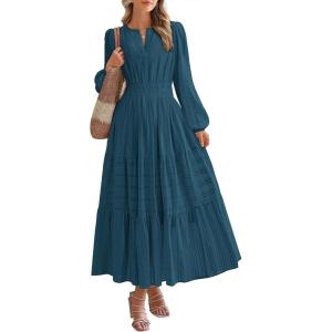 BTFBM Fall Dresses for Women 2025 Casual Long Sleeve V Neck Elastic Waist Lightweight Maxi Wedding Guest Dress Pockets(Lake Blue)