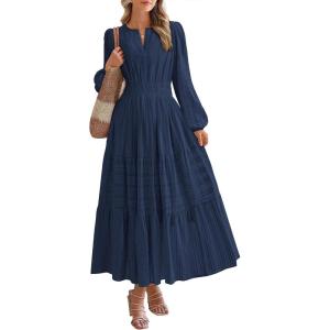 BTFBM Fall Dresses for Women 2025 Casual Long Sleeve V Neck Elastic Waist Lightweight Maxi Wedding Guest Dress Pockets(Navy)