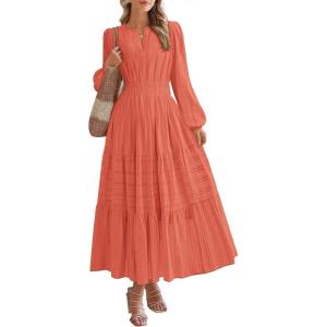 BTFBM Fall Dresses for Women 2025 Casual Long Sleeve V Neck Elastic Waist Lightweight Maxi Wedding Guest Dress Pockets(Orange)