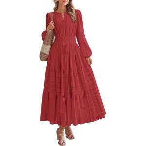BTFBM Fall Dresses for Women 2025 Casual Long Sleeve V Neck Elastic Waist Lightweight Maxi Wedding Guest Dress Pockets(Red)