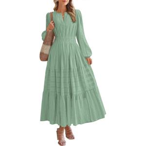 BTFBM Fall Dresses for Women 2025 Casual Long Sleeve V Neck Elastic Waist Lightweight Maxi Wedding Guest Dress Pockets(Sage Green)