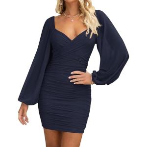 BTFBM Fall Dresses for Women 2025 Cross V Neck Mesh Long Sleeve Ruched Bodycon Formal Wedding Cocktail Short Dress(Navy)
