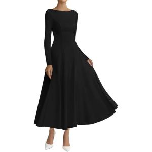 BTFBM Fall Dresses for Women 2025 Trendy Boat Neck Long Sleeve A Line Flowy Knit Loose Casual Elegant Party Maxi Dress(Black)