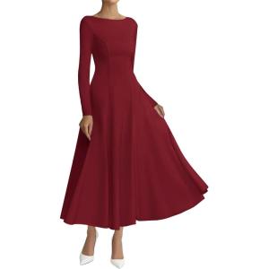 BTFBM Fall Dresses for Women 2025 Trendy Boat Neck Long Sleeve A Line Flowy Knit Loose Casual Elegant Party Maxi Dress(Burgundy)