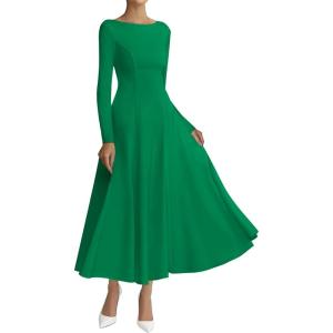 BTFBM Fall Dresses for Women 2025 Trendy Boat Neck Long Sleeve A Line Flowy Knit Loose Casual Elegant Party Maxi Dress(Green)