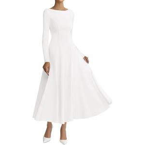 BTFBM Fall Dresses for Women 2025 Trendy Boat Neck Long Sleeve A Line Flowy Knit Loose Casual Elegant Party Maxi Dress(White)