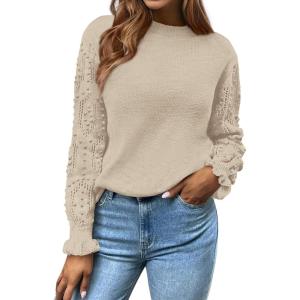 BTFBM Fall Sweaters for Women 2025 Crew Neck Long Sleeve Hollow Out Swiss Dot Knit Casual Pullover Tops Fashion Clothing(Apricot)