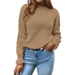 BTFBM Fall Sweaters for Women 2025 Crew Neck Long Sleeve Hollow Out Swiss Dot Knit Casual Pullover Tops Fashion Clothing(Khaki)