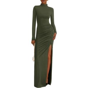 BTFBM Formal Dresses for Women 2026 Spring Long Sleeve Mock Neck Ruched Bodycon Slit Maxi Wedding Guest Dress Cocktail(Army Green)