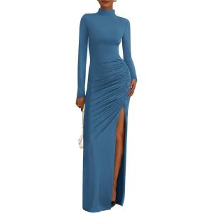 BTFBM Formal Dresses for Women 2026 Spring Long Sleeve Mock Neck Ruched Bodycon Slit Maxi Wedding Guest Dress Cocktail(Blue)