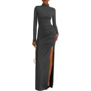BTFBM Formal Dresses for Women 2026 Spring Long Sleeve Mock Neck Ruched Bodycon Slit Maxi Wedding Guest Dress Cocktail(Dark Grey)